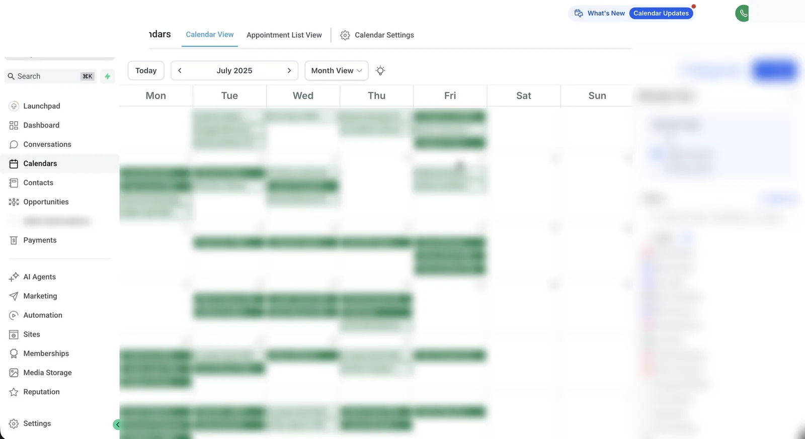 GoHighLevel month view calendar for July 2025 with consult bookings on most weekdays. Patient names blurred.