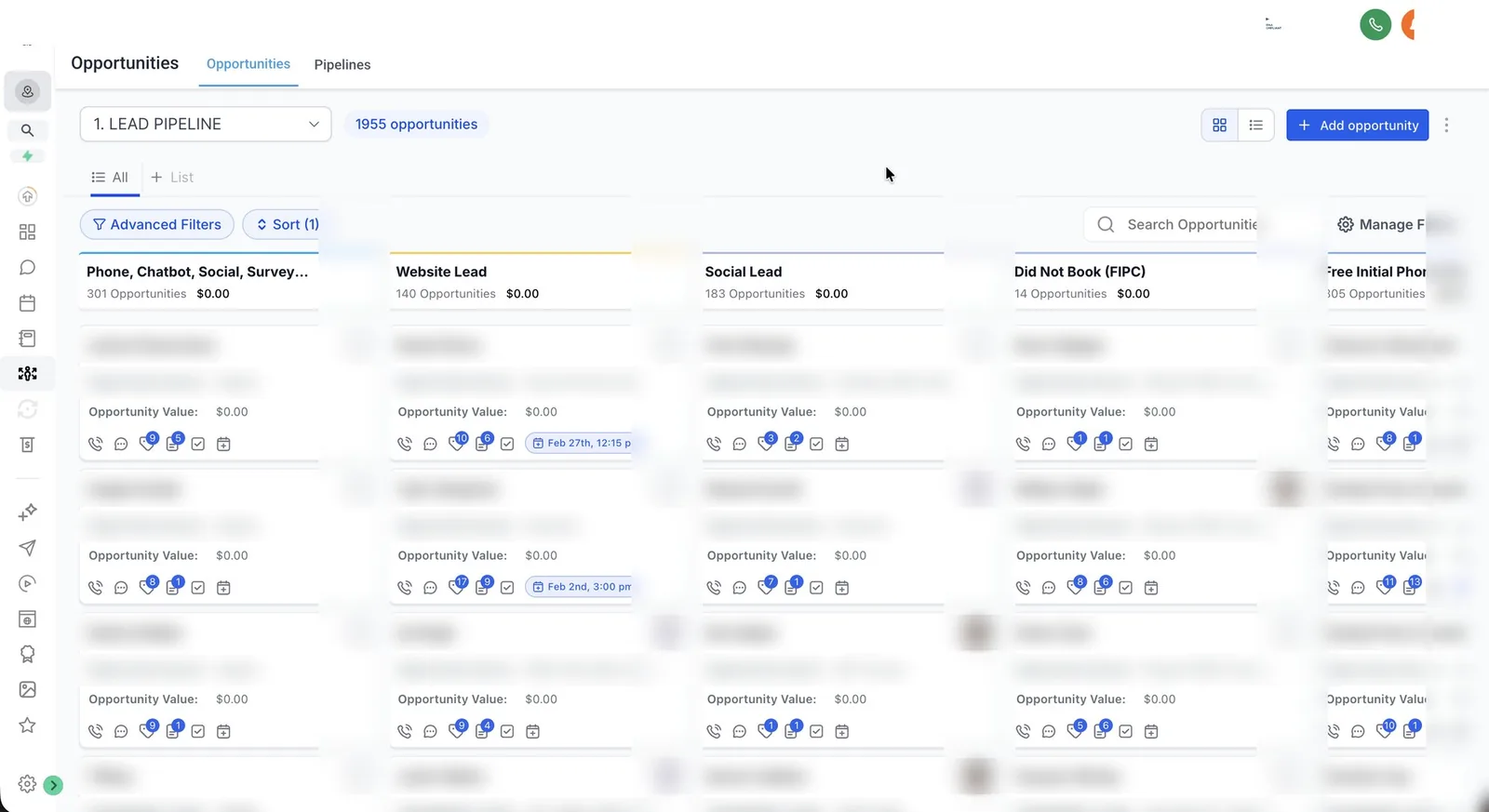GoHighLevel opportunities board showing 1,955 opportunities in the lead pipeline. Contact names blurred.