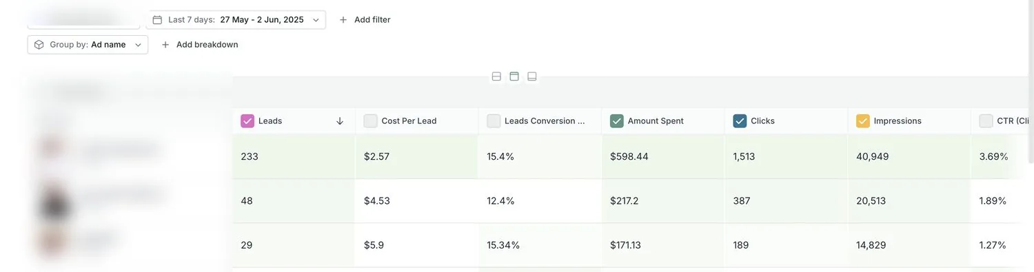 Meta ads report for 27 May to 2 June 2025. Top ad: 233 leads at $2.57 per lead. Ad names blurred.