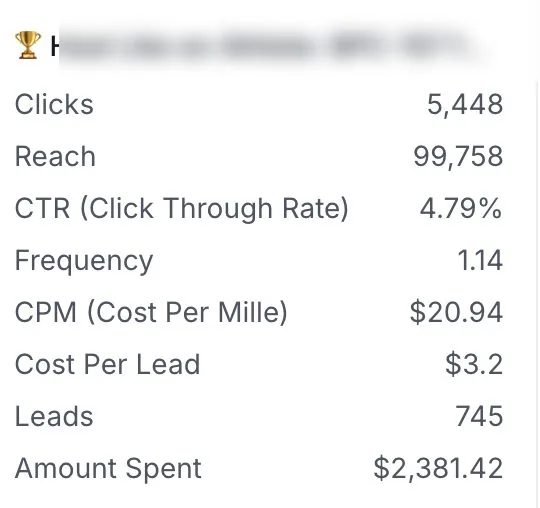 Meta campaign summary: 745 leads at $3.20 per lead, reach 99,758, click-through rate 4.79%, $2,381.42 spent. Campaign name blurred.